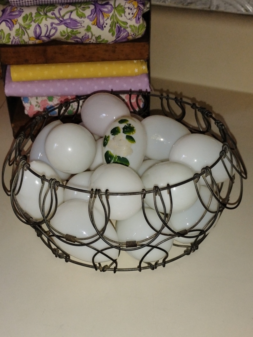 Vtg/Antique Wire Egg Basket W/19 Hand Blown Milk Glass Eggs 1 Is Painted